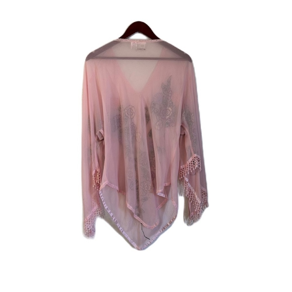Roamans Pink Sheer Floral Beaded Long Sleeve Top - Picture 6 of 16